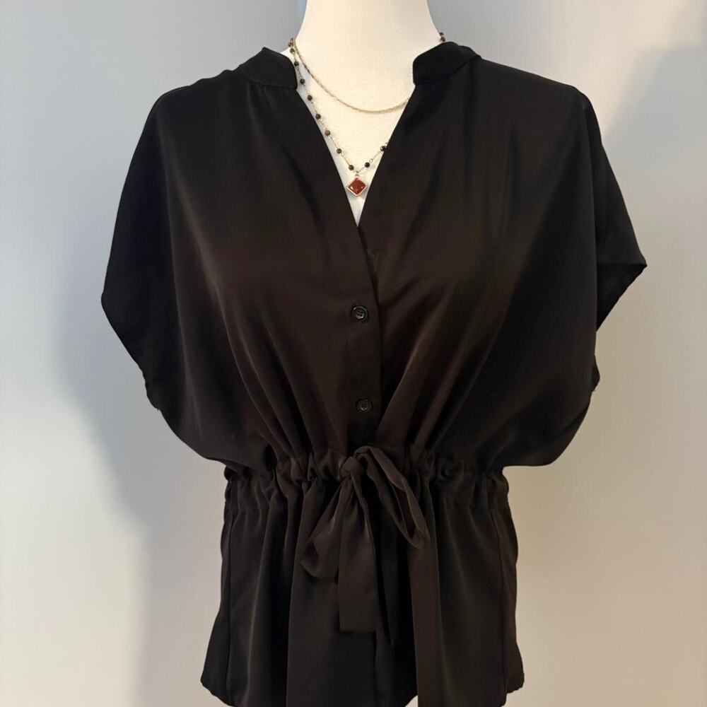 Black Button-Down Blouse with Tie Waist – Minimalist Chic